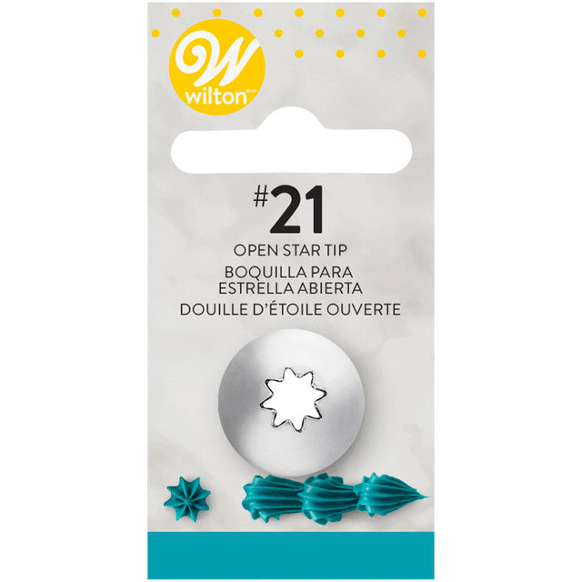 Silver wilton tip 21 open star piping nozzle with decorative star-shaped opening shown with teal frosting samples
