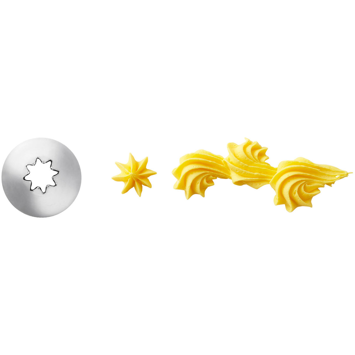 Wilton Tip 21 open star silver piping tip with yellow frosting samples showing its decorative star shape design