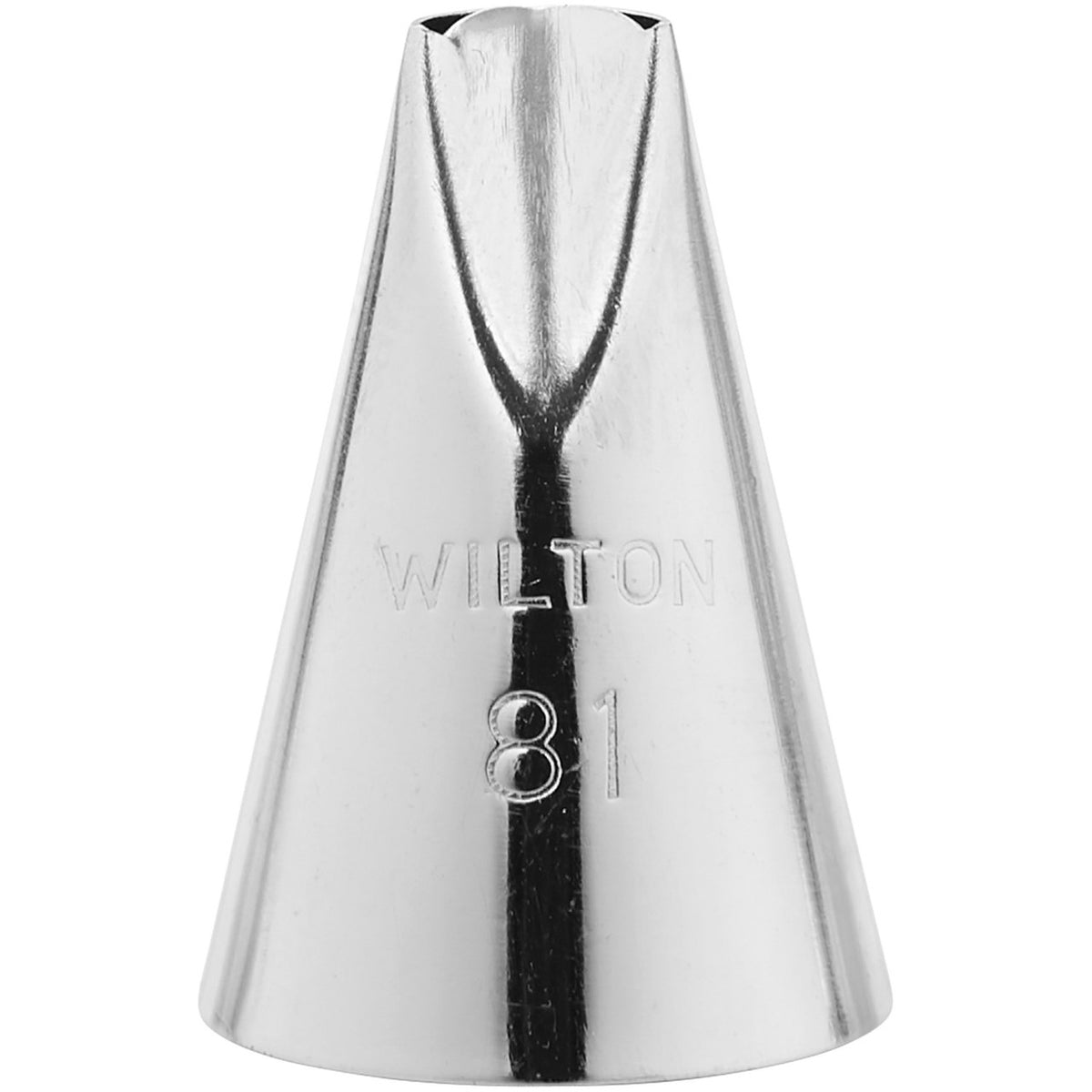 Shiny silver metal wilton tip 81 pedal piping with distinctive y shaped design for detailed cake decorating