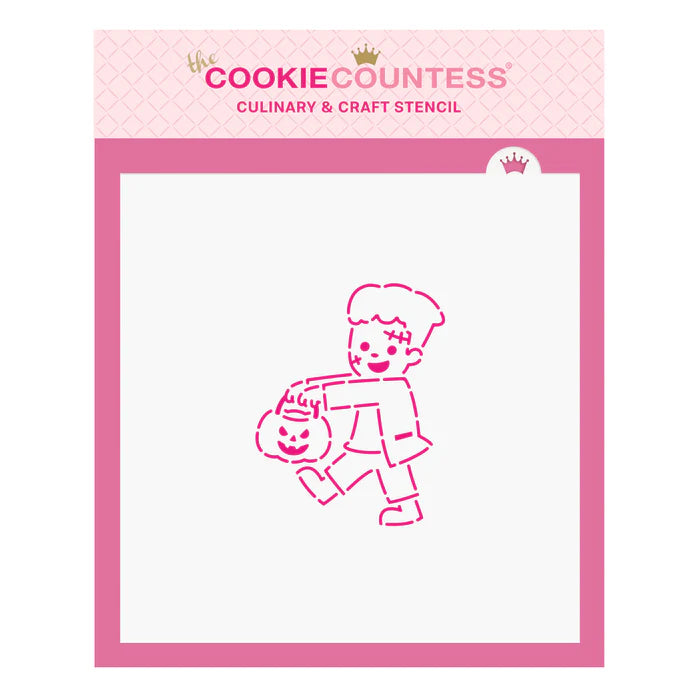 Pink halloween-themed culinary and craft stencil featuring a smiling frankenstein holding a pumpkin bucket for decorating