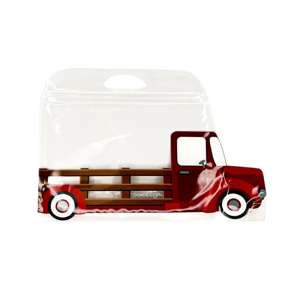 Red vintage-style truck cookie bag with wooden slat design and white-rimmed wheels for 10 bags set