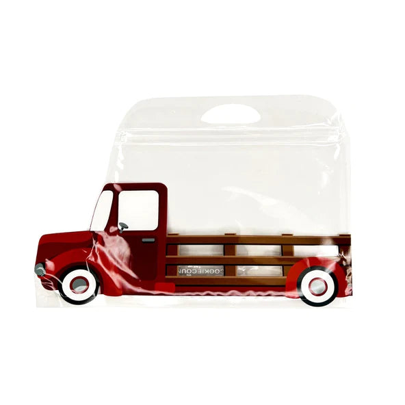 Red vintage-style truck cookie jar with clear plastic lid and wooden slat design for storing cookies