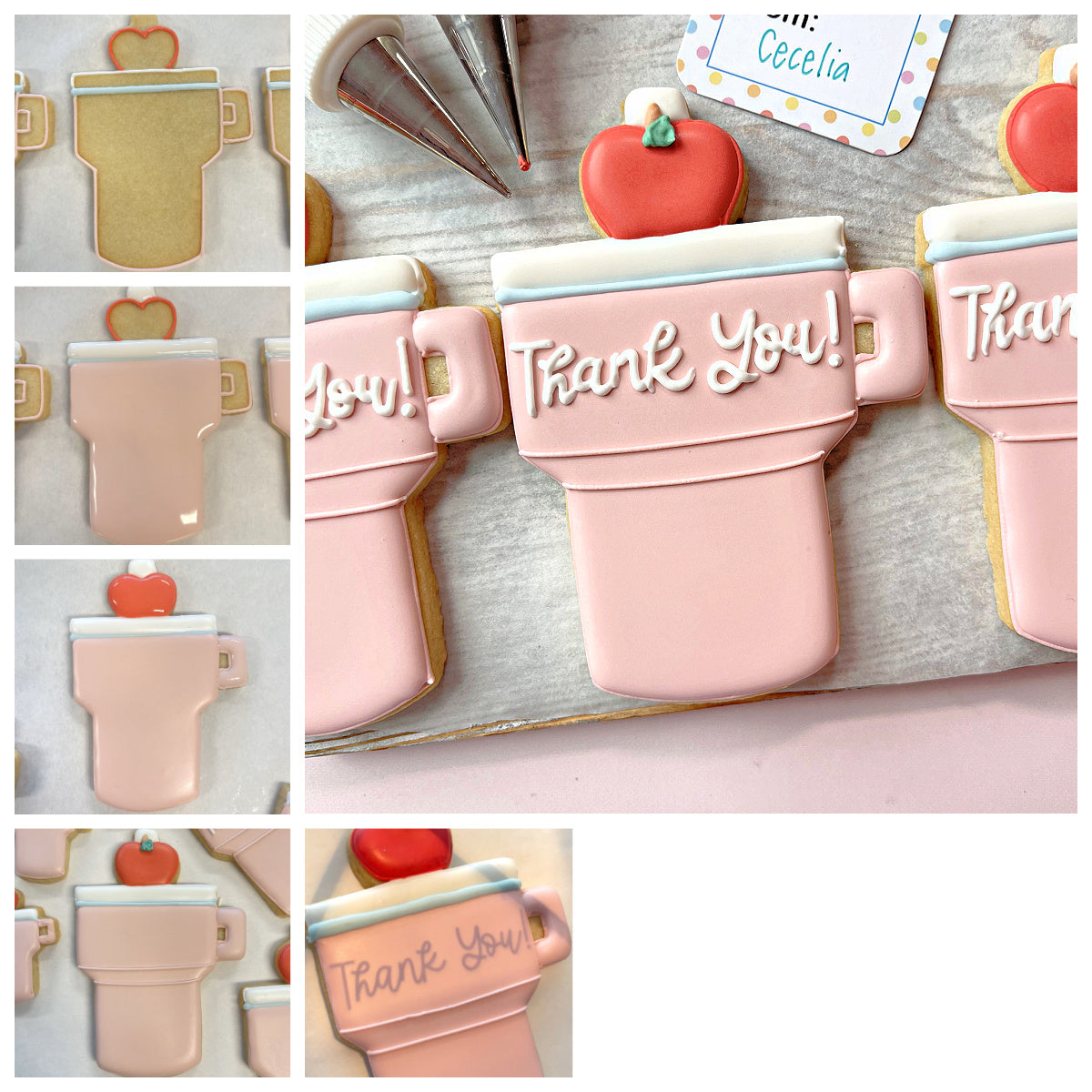 Pink frosted sugar cookie shaped like a coffee mug with white thank you icing and red apple decoration for teachers