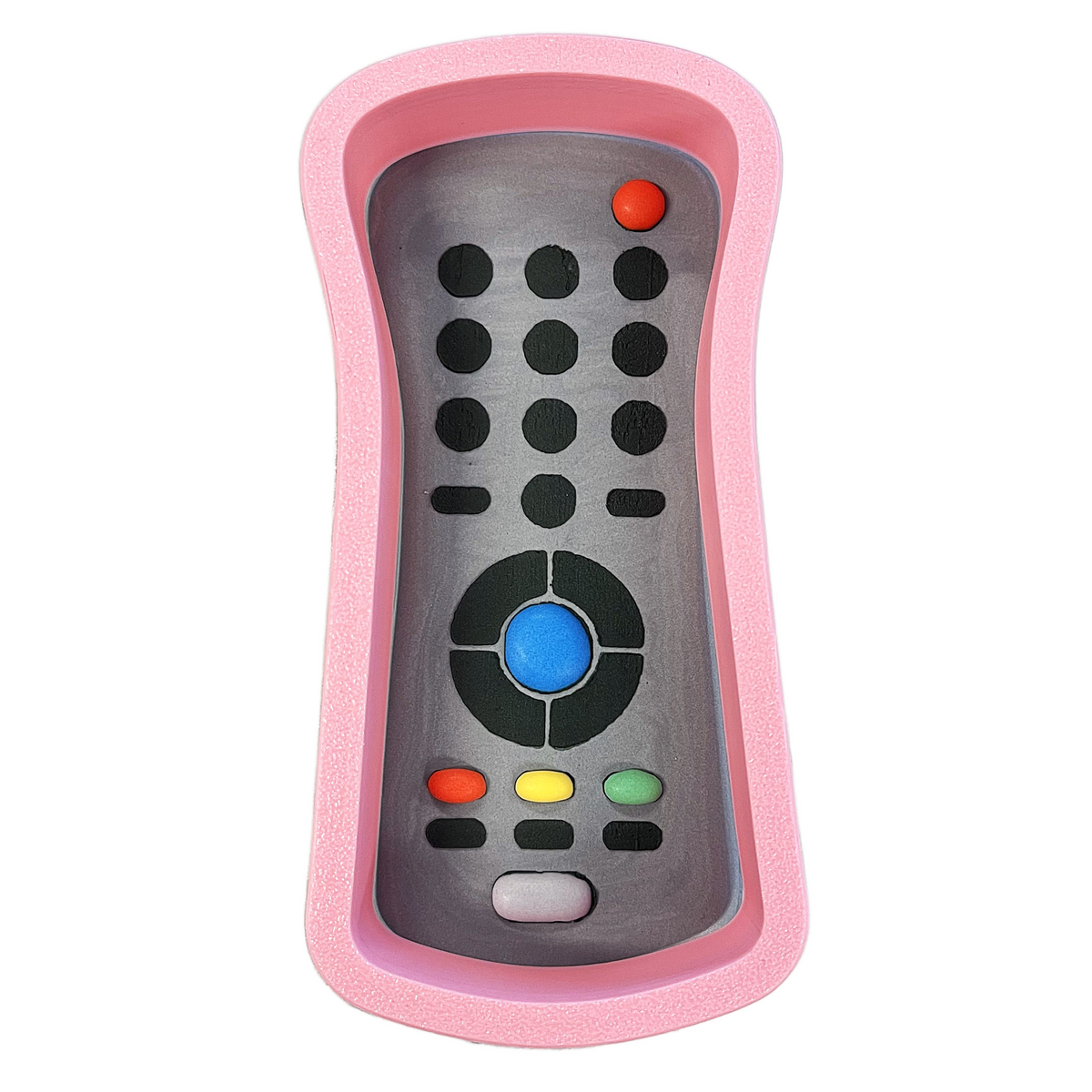 Tv remote cookie cutter with stencil made of pink silicone with gray interior and colorful accent buttons for baking use