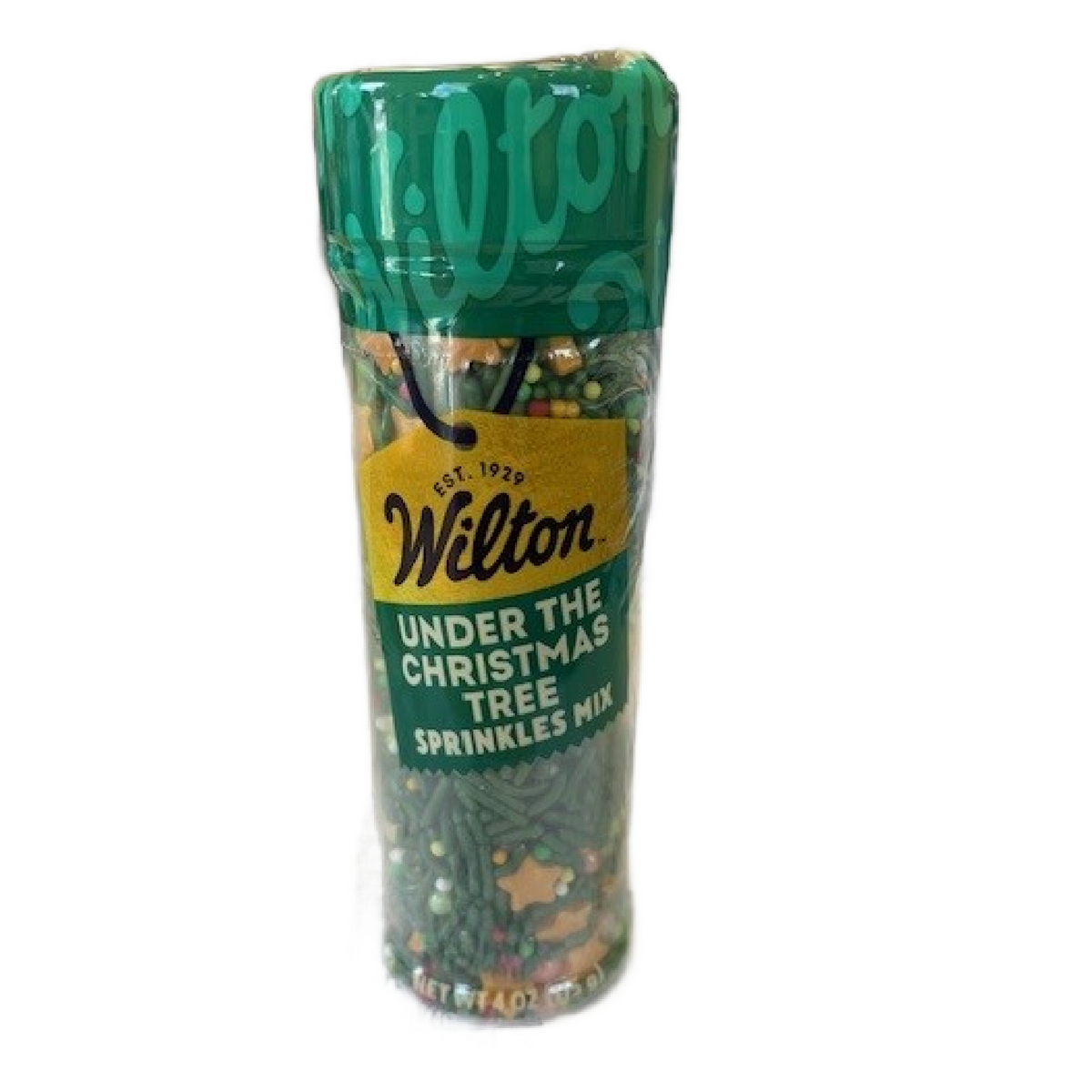 Wilton under the christmas tree sprinkle mix in a clear plastic container with green lid and festive holiday sprinkles