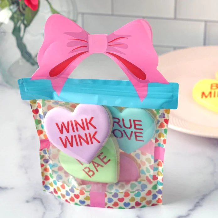 Valentines day cookie bag set of 10 colorful heart patterned candy bags with pink bows and blue zipper tops