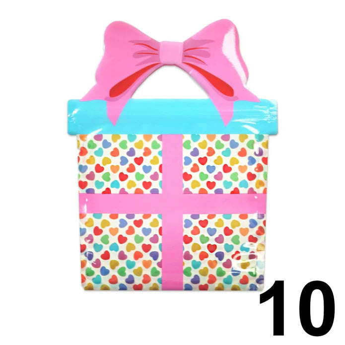 Valentines day cookie bag featuring a colorful gift box with multicolored hearts wrapped in pink ribbon and bow