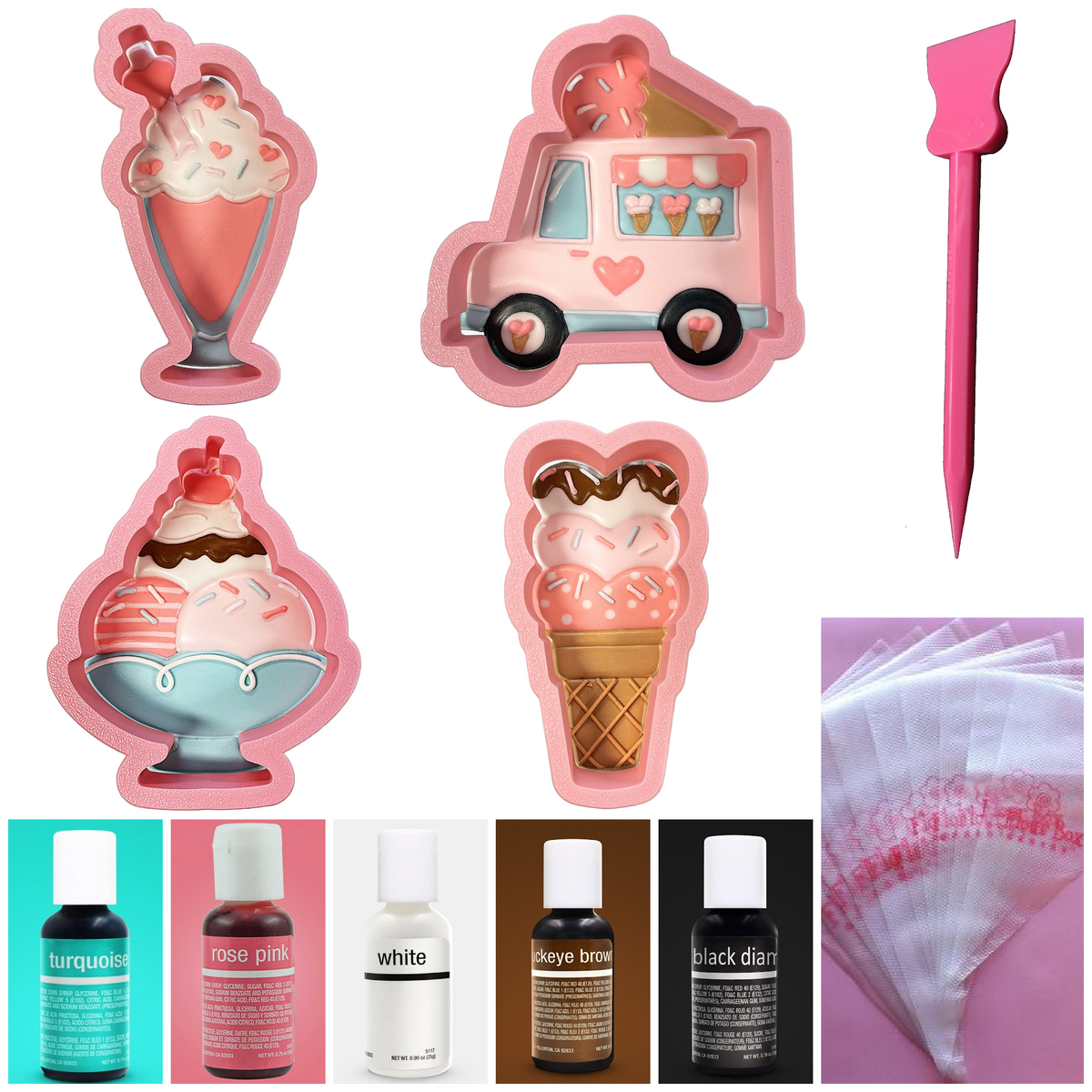 Pink silicone ice cream and dessert molds with matching spatula for valentine’s ice cream decorating online class recording