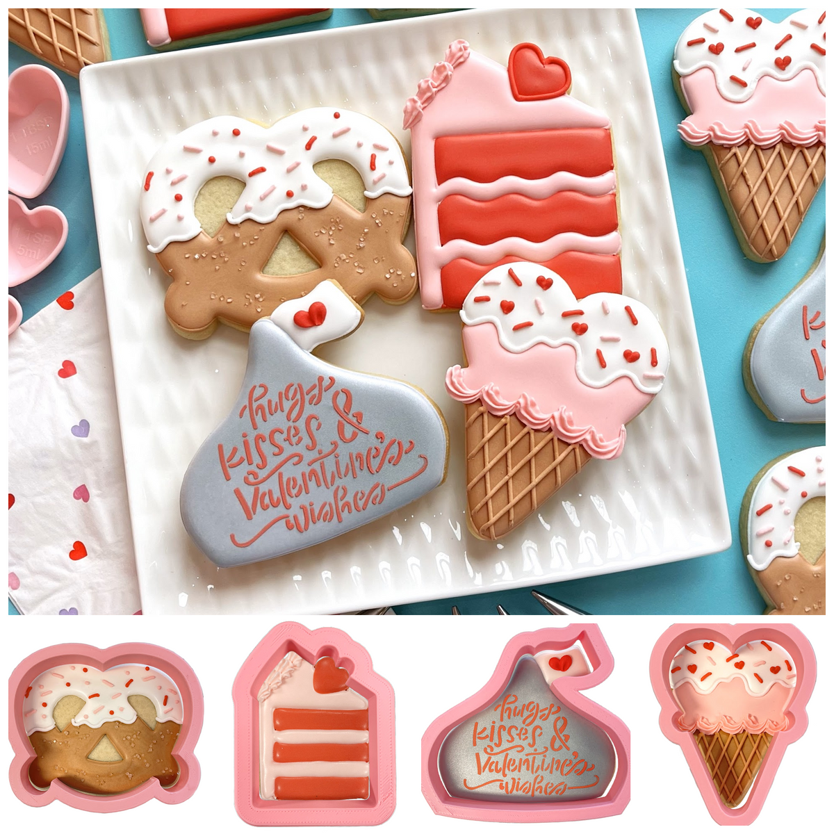 Valentine treats cookie cutter bundle with pink silicone cutters shaped like pretzel cake kiss and ice cream cone