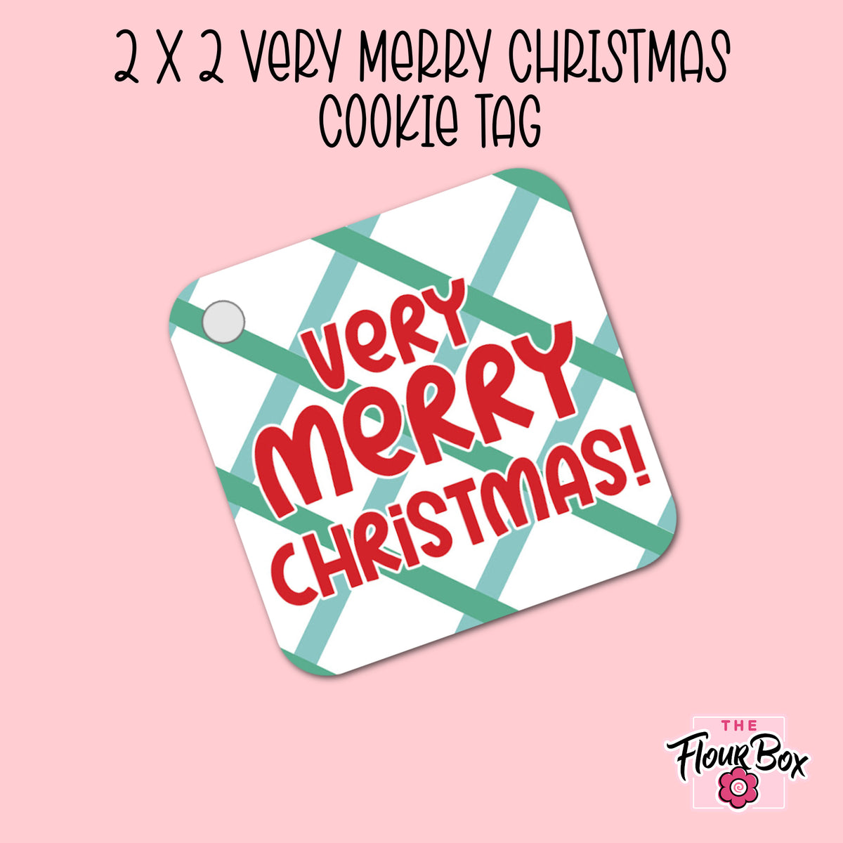 Very merry christmas cookie tag with square white base green diagonal stripes and bold red lettering sold in 25 packs