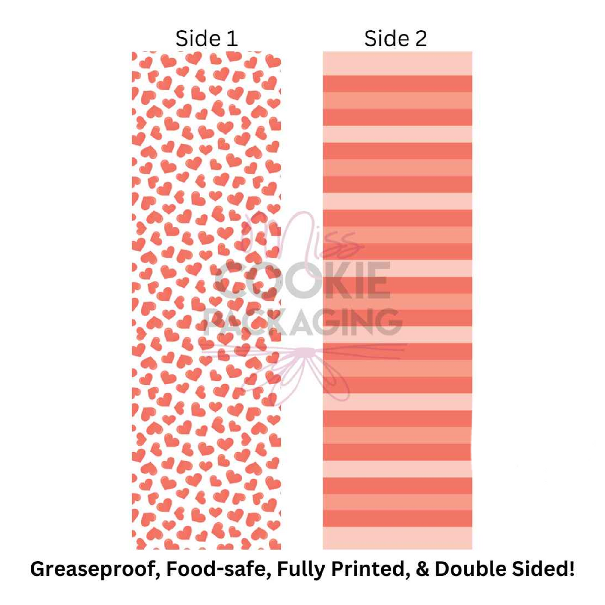 Double-sided paper wrapper for cookies with pink hearts on white and coral horizontal stripes warm hearts design