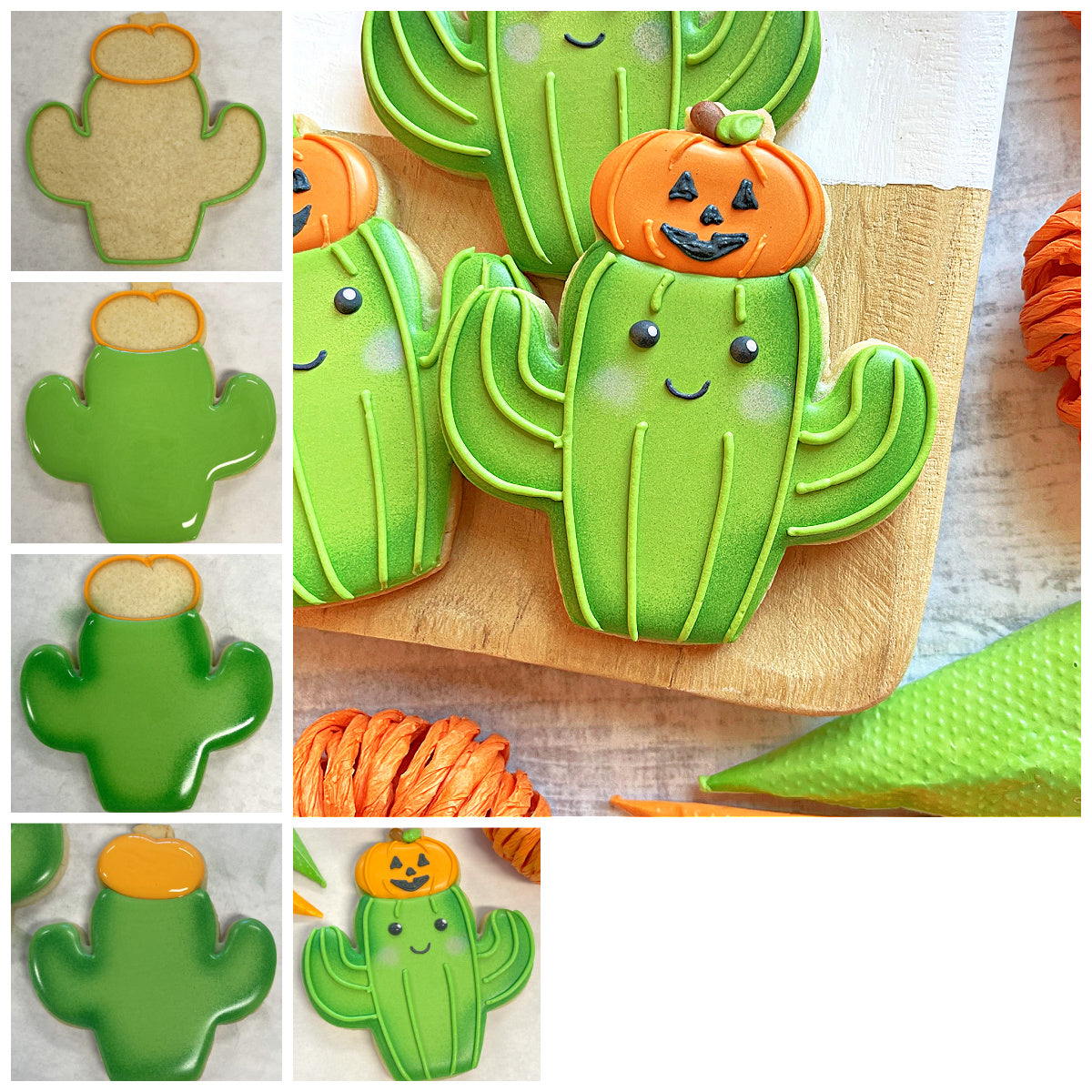 Western cactus with pumpkin cookie cutter used to make green frosted cactus cookies topped with orange pumpkin and black icing details