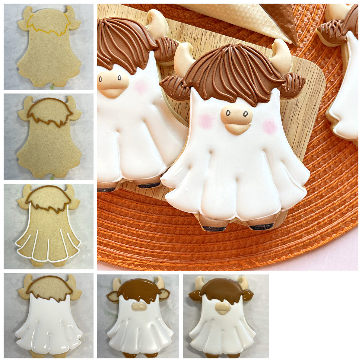 White and brown highland cow-shaped cookies with glossy icing and decorative horns made using western ghost highlander cutter