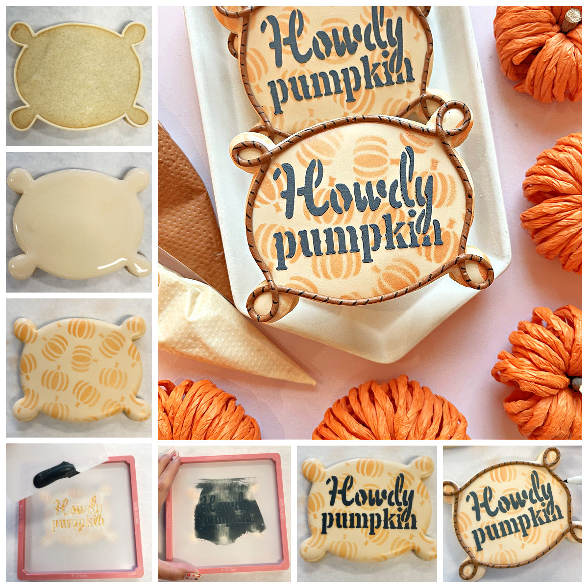 Decorative pumpkin-shaped cookies with howdy pumpkin dark blue icing on beige background with orange pumpkins use western plaque cookie cutter with loops and stencil