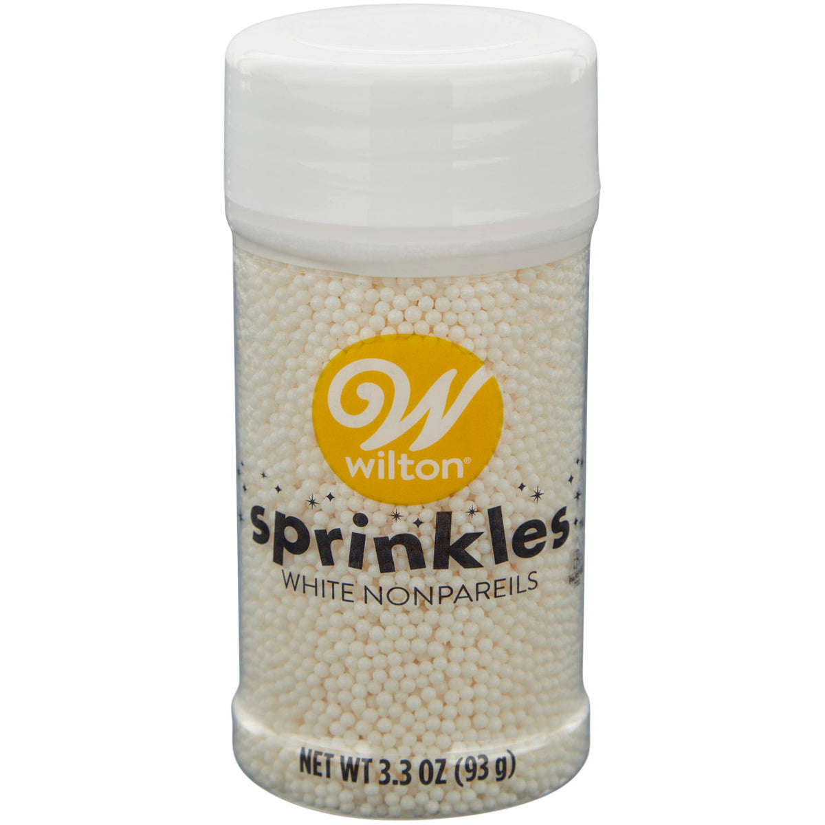A clear plastic jar with a white lid contains Wilton white nonpareils small sprinkles for decorating