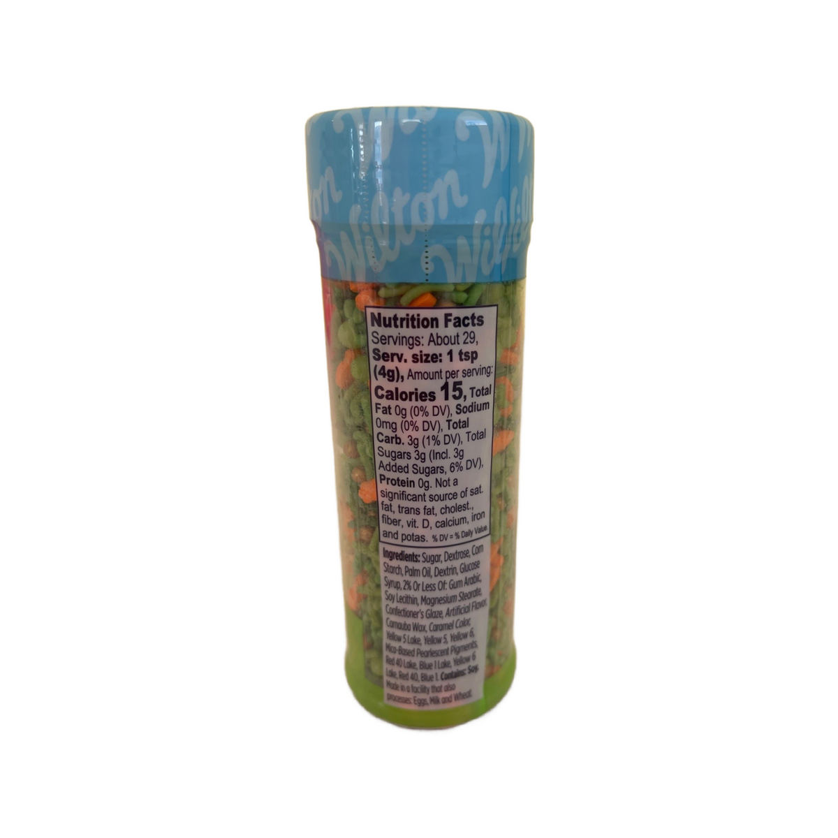 A cylindrical container of easter carrots tall sprinkle mix with multicolored small round candies and a blue lid