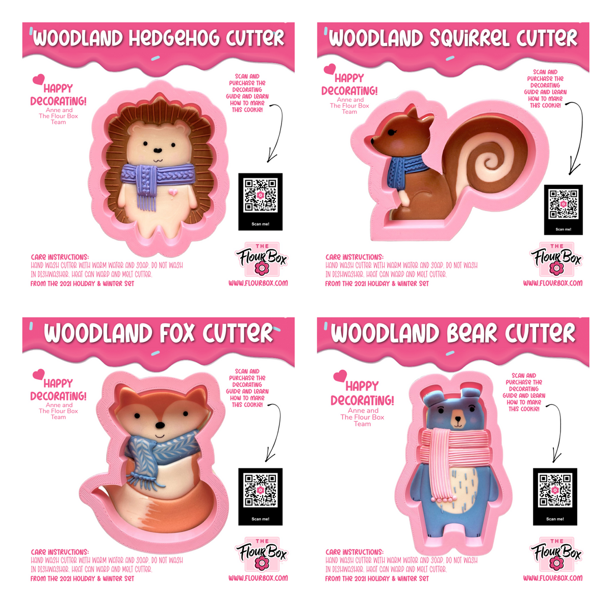 Woodland hedgehog cookie cutter with brown spines pink face and purple knitted scarf in cute woodland animals set