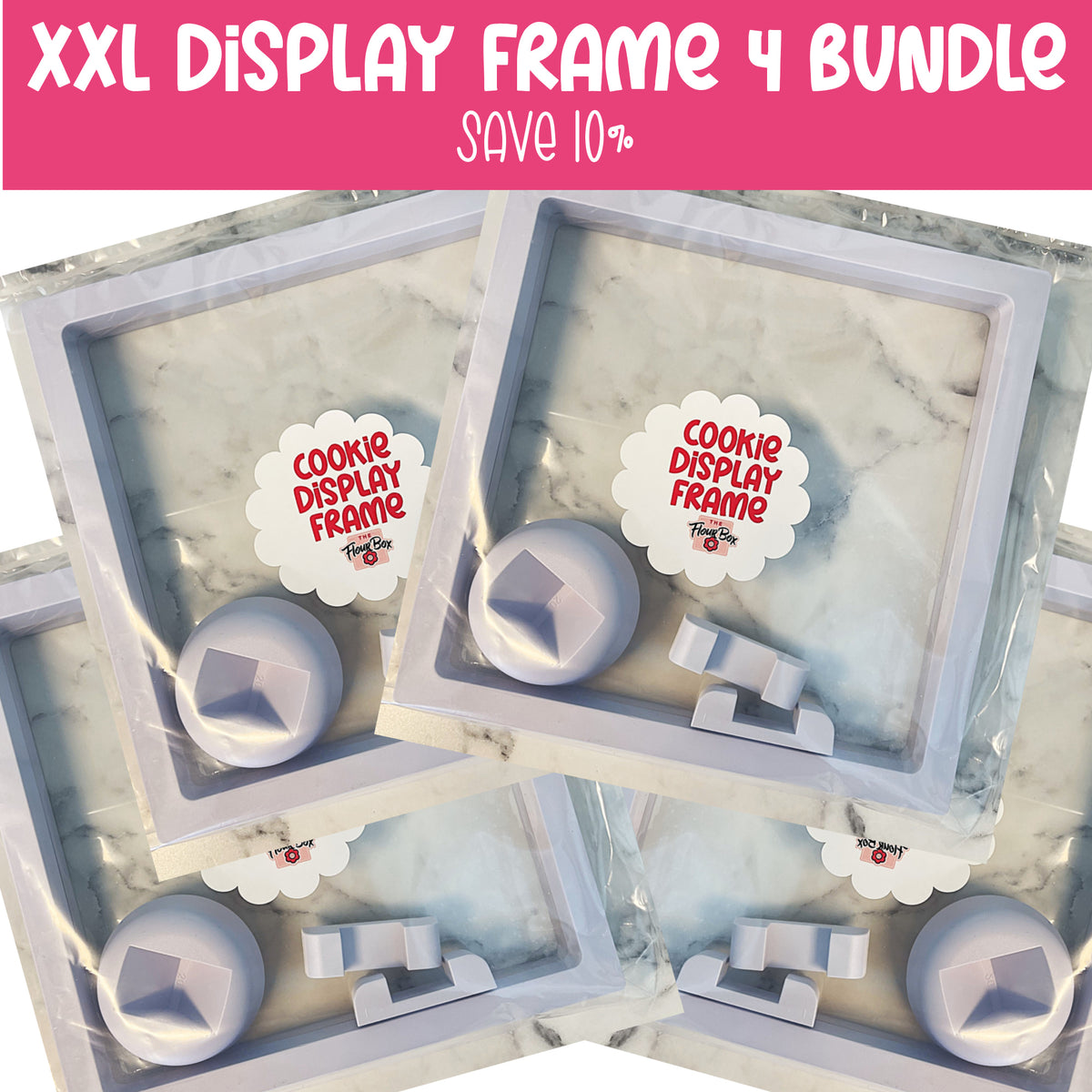Light purple xxl cookie display square frame with marble-patterned interior and matching stand packaged in clear plastic