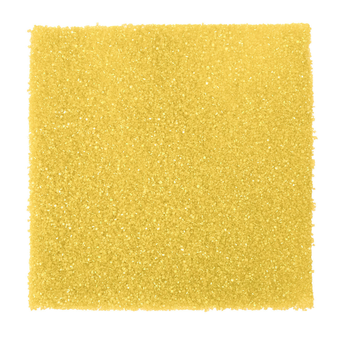 Yellow sanding sugar small sprinkle jar showing a square textured pad with sparkling granular yellow glitter surface