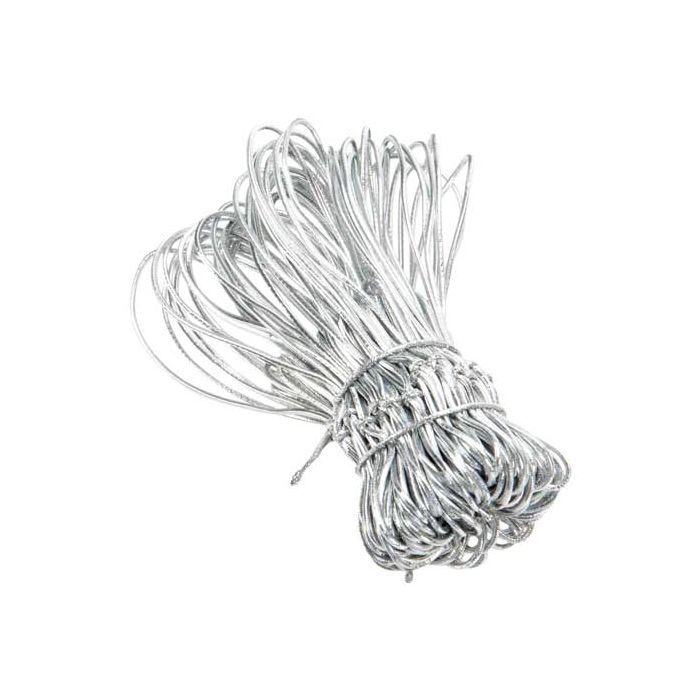 A bundle of 10 inch metallic silver stretch loops made of thin metal wire strands tied together 50 pack