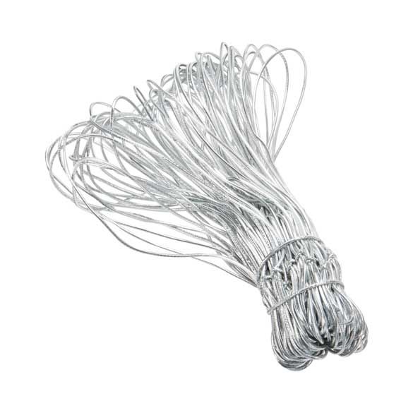 A bundle of 14 inch metallic silver stretch loops made of thin silver-colored metal wire neatly tied together