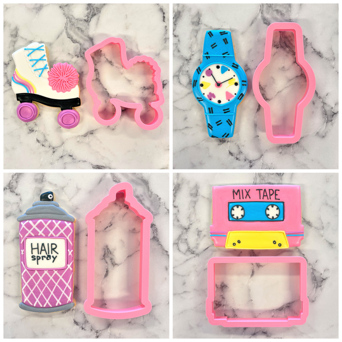 Pink silicone vintage blue watch shaped cookie cutter with black accents and colorful heart face from totally 80s bundle