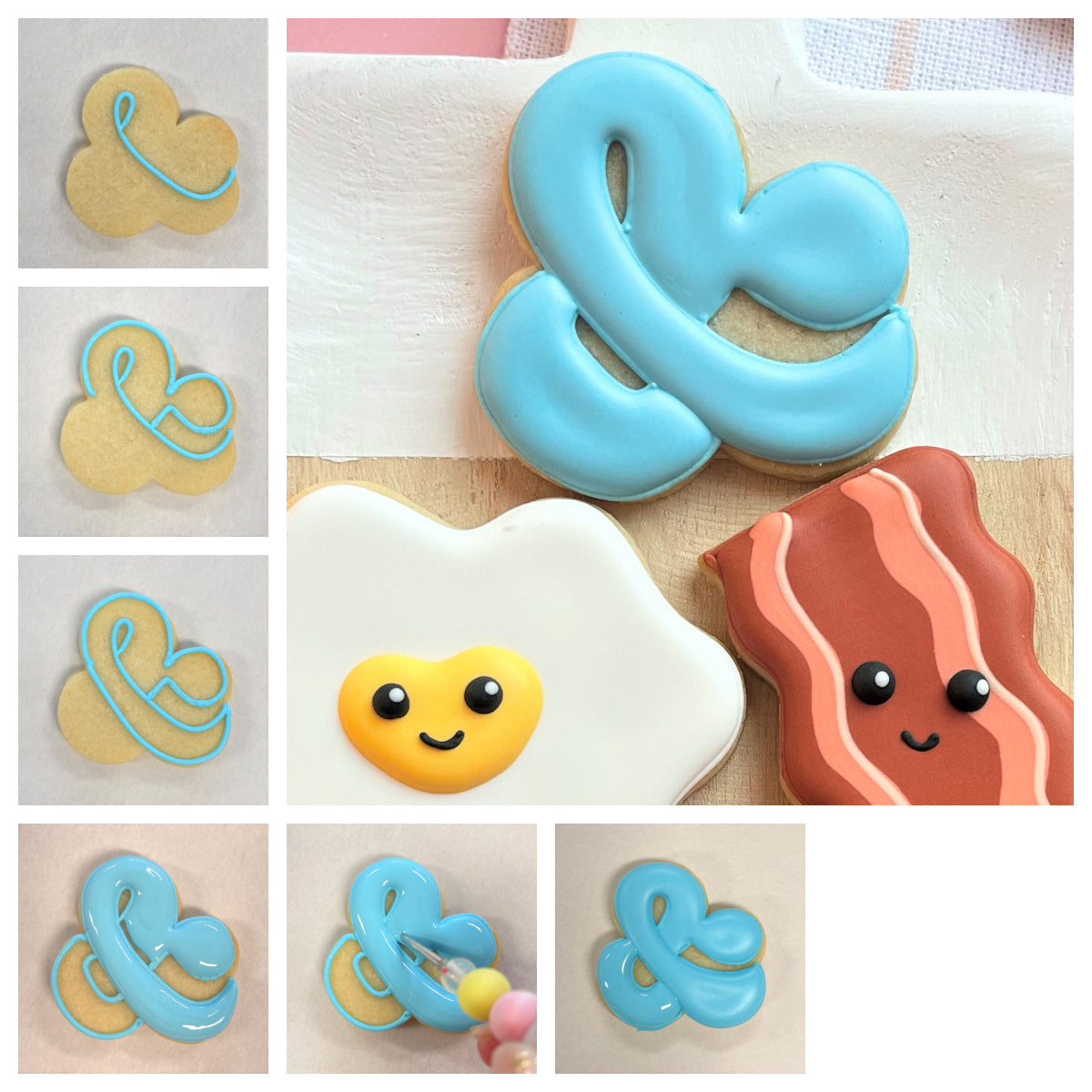 A whimsical blue frosted ampersand cookie with smooth icing and cartoon eyes displayed with bacon-shaped cookies using an ampersand cookie cutter
