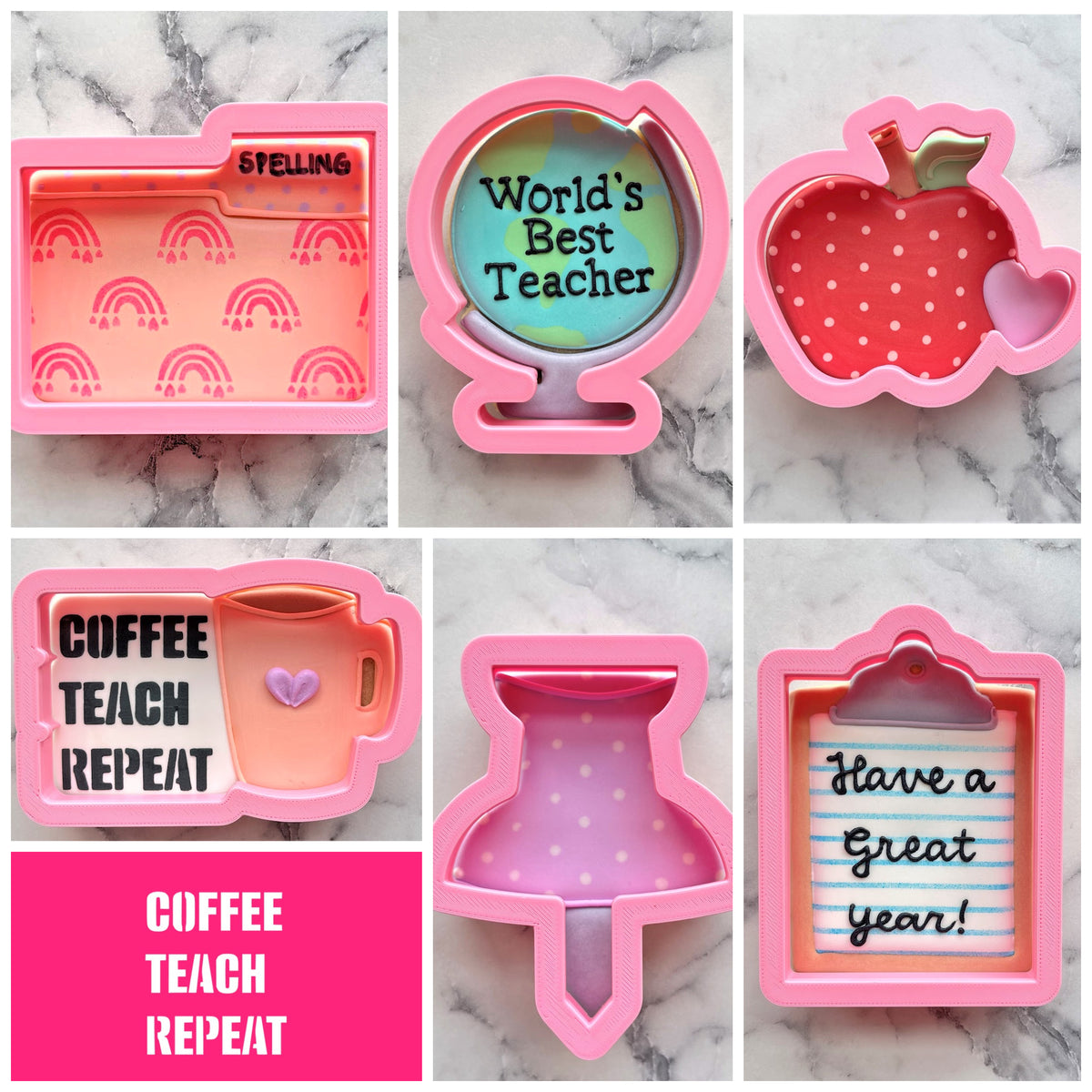 Pink silicone teacher school tools cookie cutter set with colorful glossy interiors and printed stencil designs
