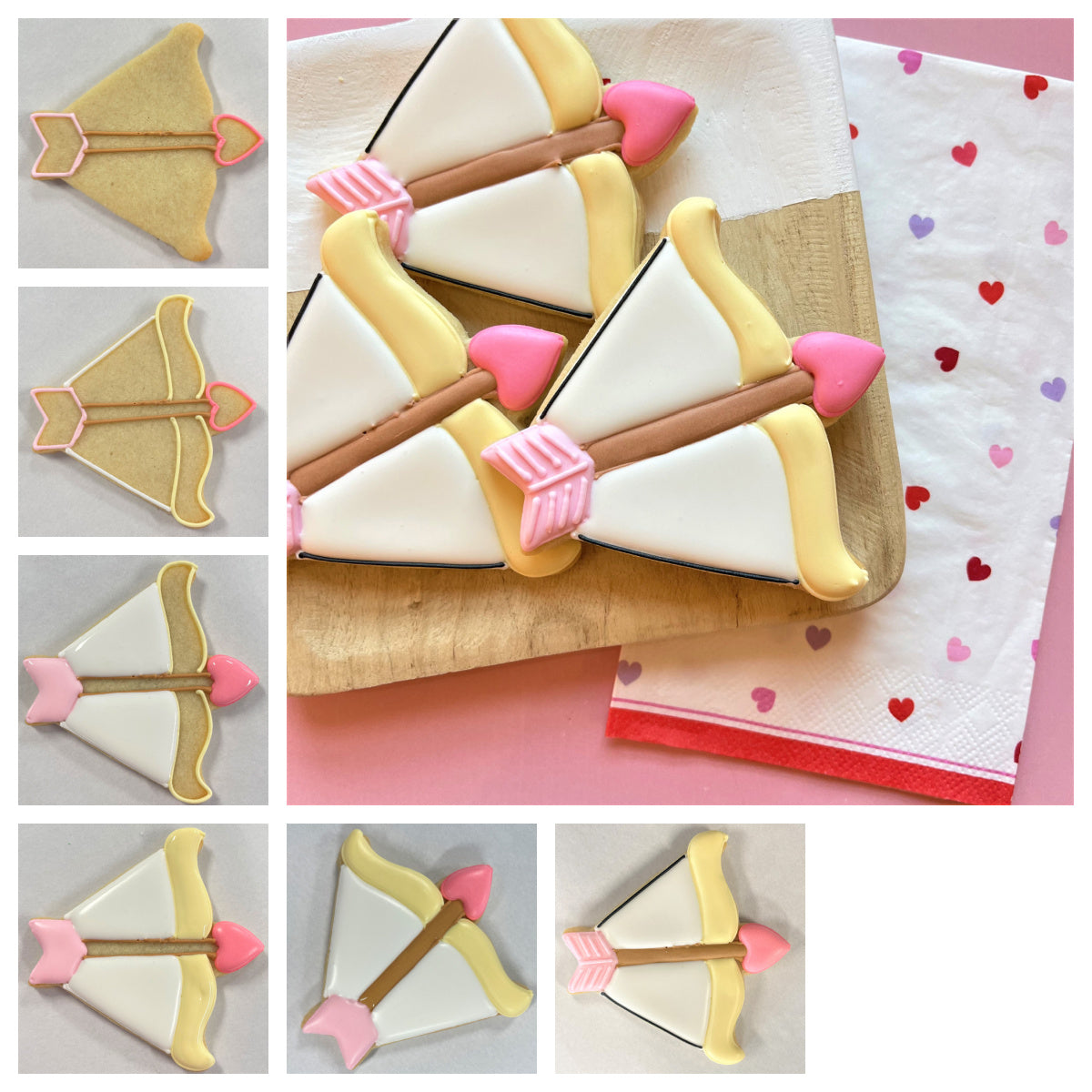 Delicate bow and arrow sugar cookies with white yellow and pink icing made using metal cookie cutter for decorating
