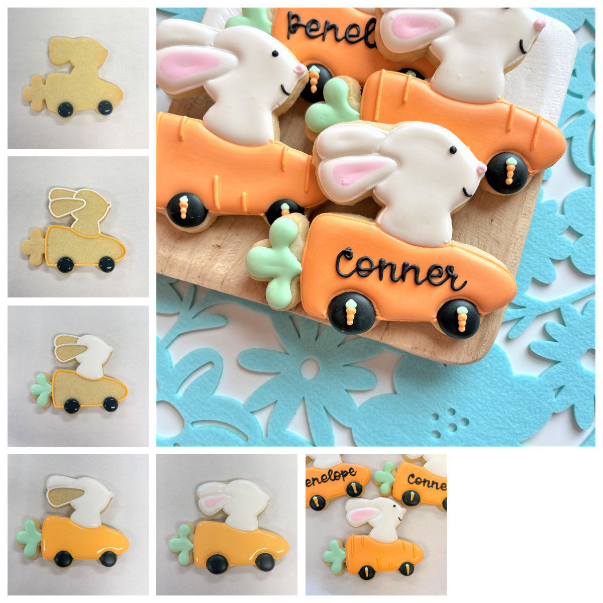 Delicate white bunny cookies with pink ears riding vibrant orange carrot-shaped cookie cutter vehicles with black wheels