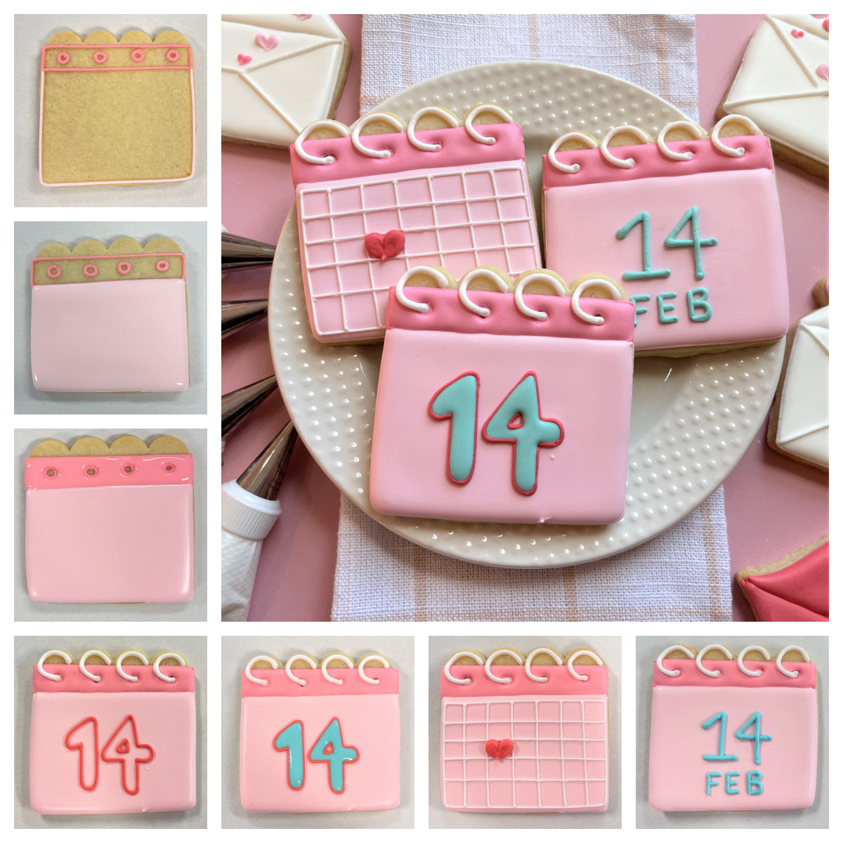 Pink frosted calendar cookies with white icing rings and teal or red number details made with calendar cookie cutter