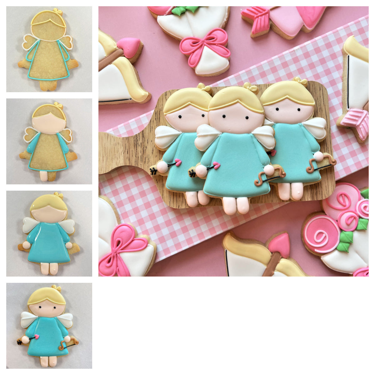 Pastel blue angel-shaped sugar cookies with blonde icing hair white wings and bows made using cupid cookie cutter
