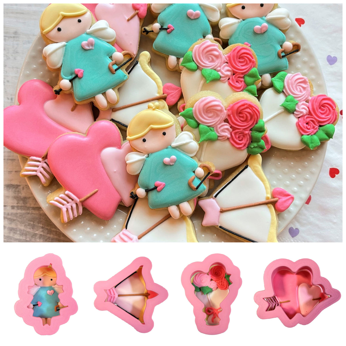 Pink silicone cookie molds shaped like cupid bows arrows roses and hearts in mini cupid love cookie cutter bundle