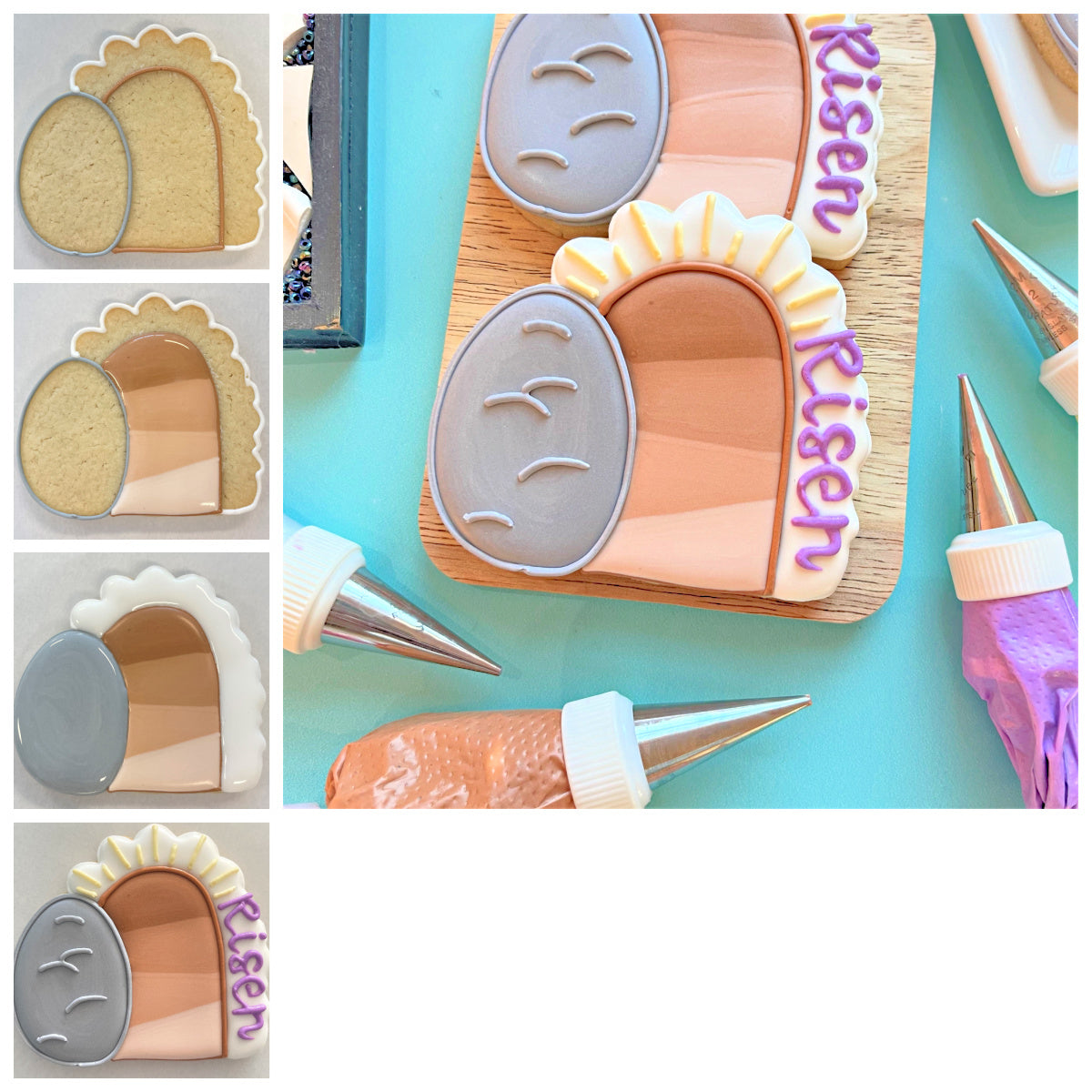 Pastel-colored easter egg-shaped empty tomb cookie cutter with gray, beige, and peach icing layers and purple risen lettering