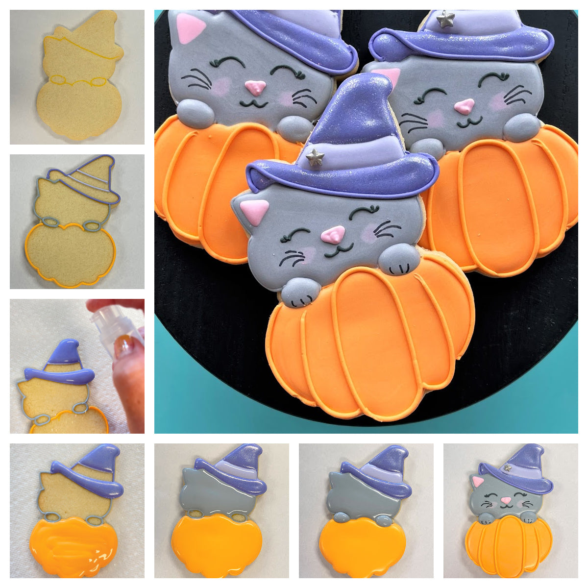 Fab-boo-lous cat in pumpkin cookie cutter featuring a cute gray witch cat cookie with pink nose and purple hat on orange pumpkin
