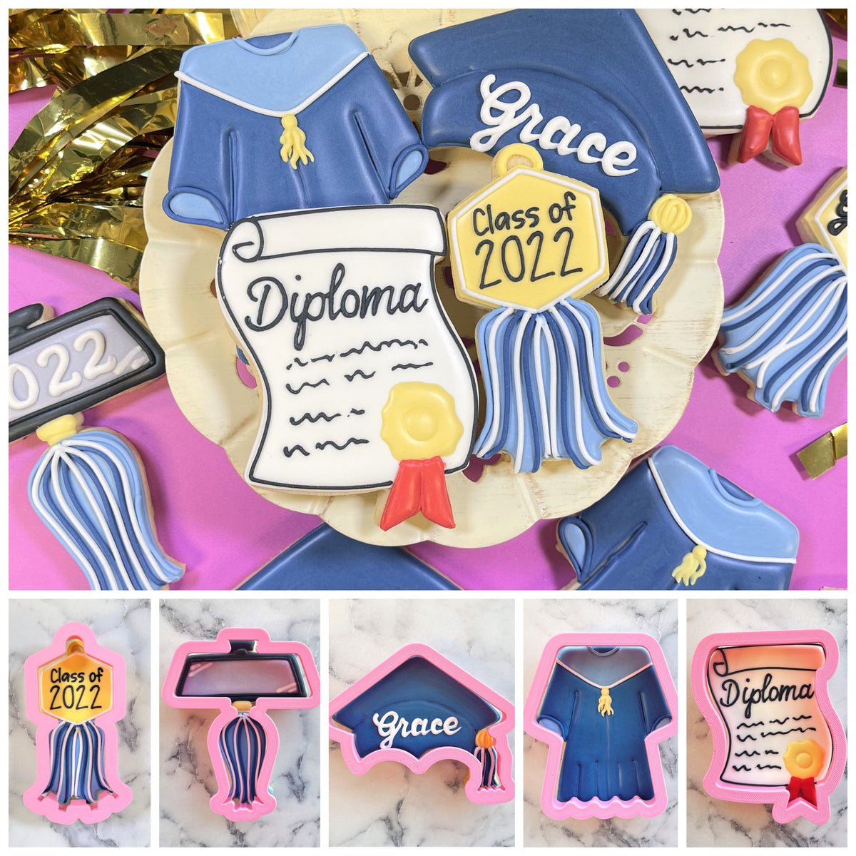 Blue graduation cap cookie decorated with white cursive grace and a striped blue tassel in a graduation cookie cutter set