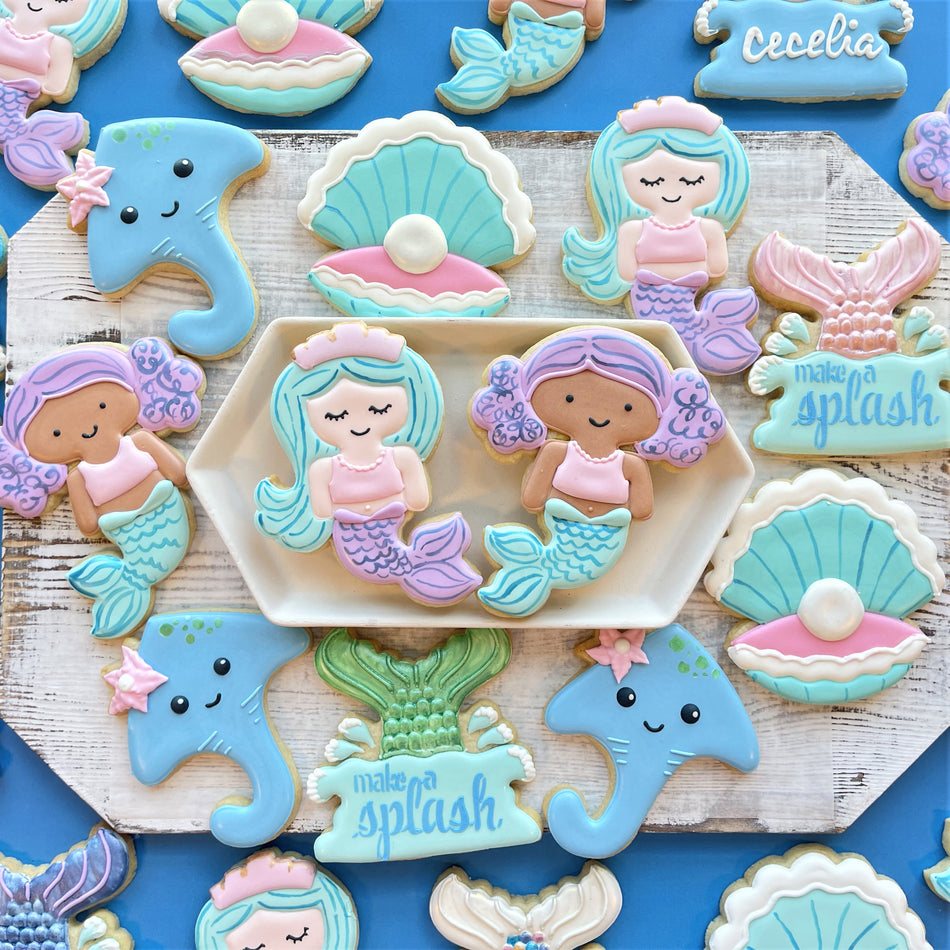 Mermaid Tail Plaque Flour Box Club Cookie Cutter with Make a Splash Stencil Set