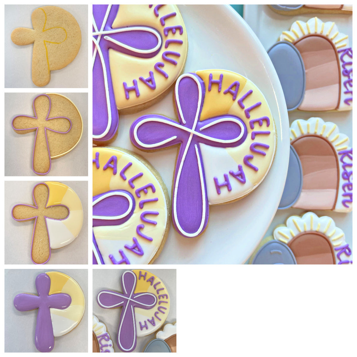 Hallelujah cross cookie cutter sugar cookies shaped like crosses decorated in purple and yellow hallelujah theme