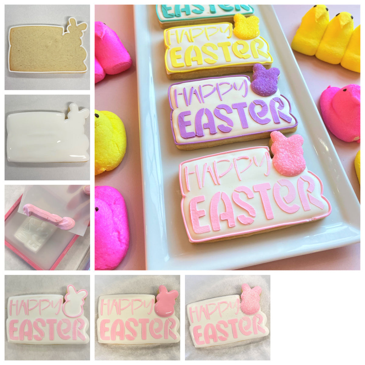 Pastel-colored happy easter sugar cookies with icing and marshmallow bunnies made using a plaque cookie cutter with stencil