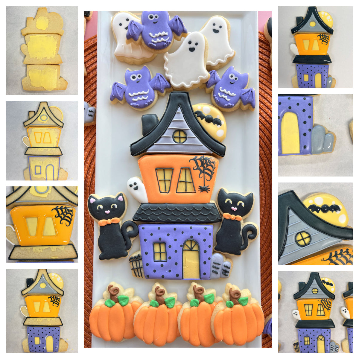 Halloween-themed sugar cookies decorated with orange purple black and white icing made using haunted house 3-in-1 multi-cookie cutter with classic mini halloween bundle