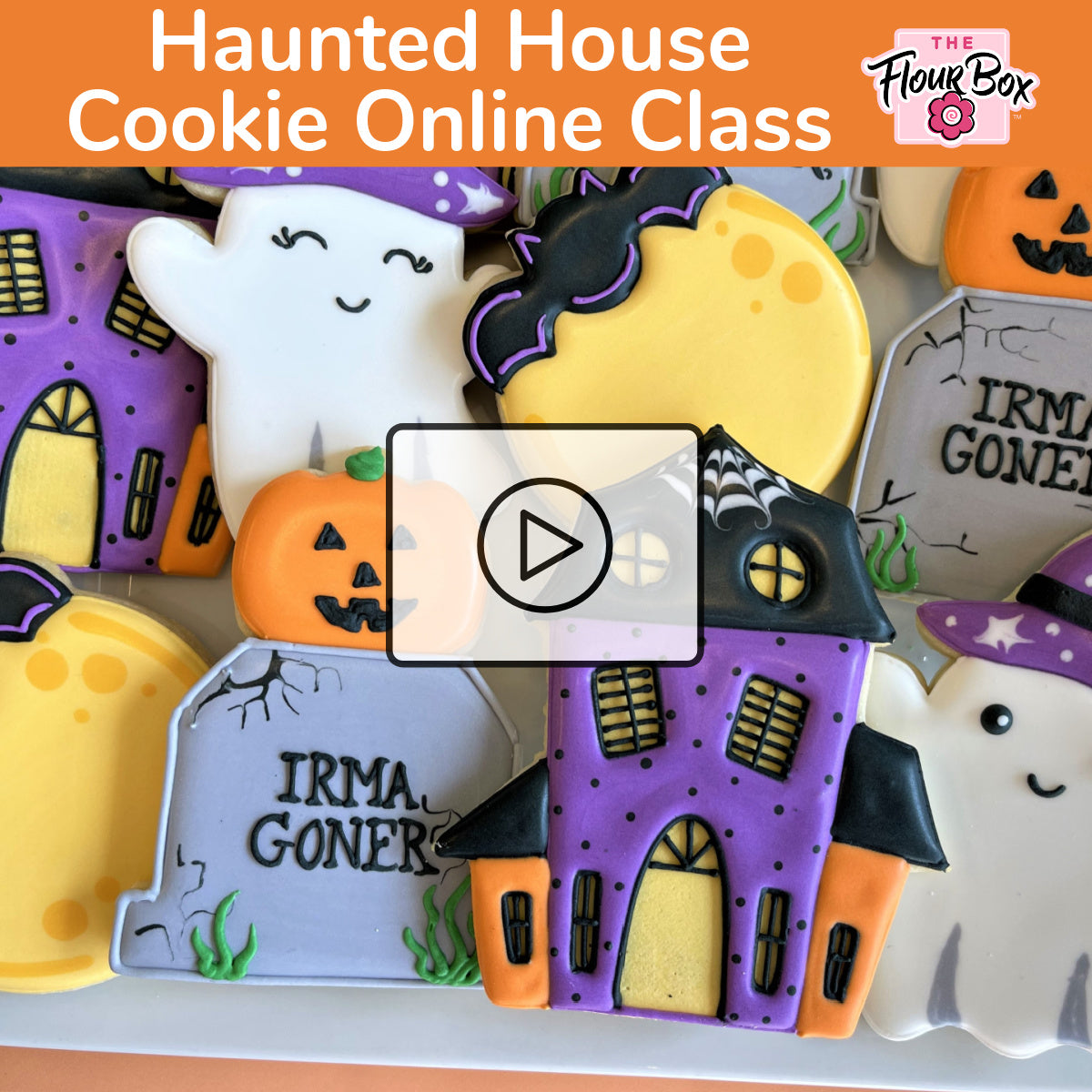 Purple and orange haunted house cookie with black roof yellow windows and smiling face for online cookie decorating class recording