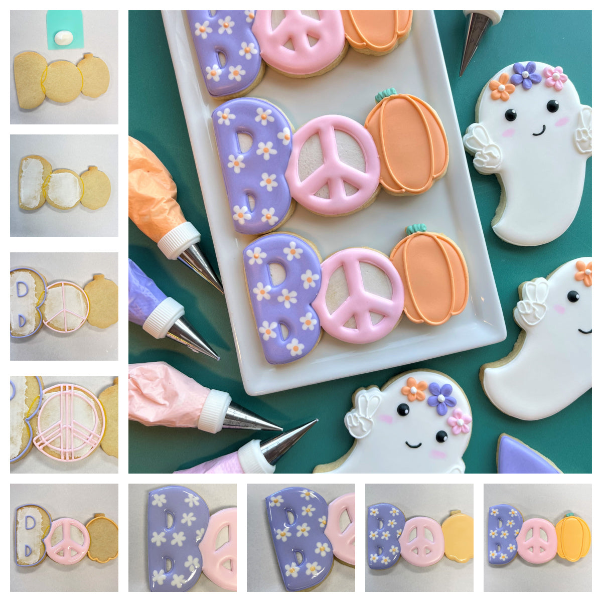 Pastel-colored halloween-themed sugar cookies decorated with icing flowers and peace signs made with boo cookie cutter