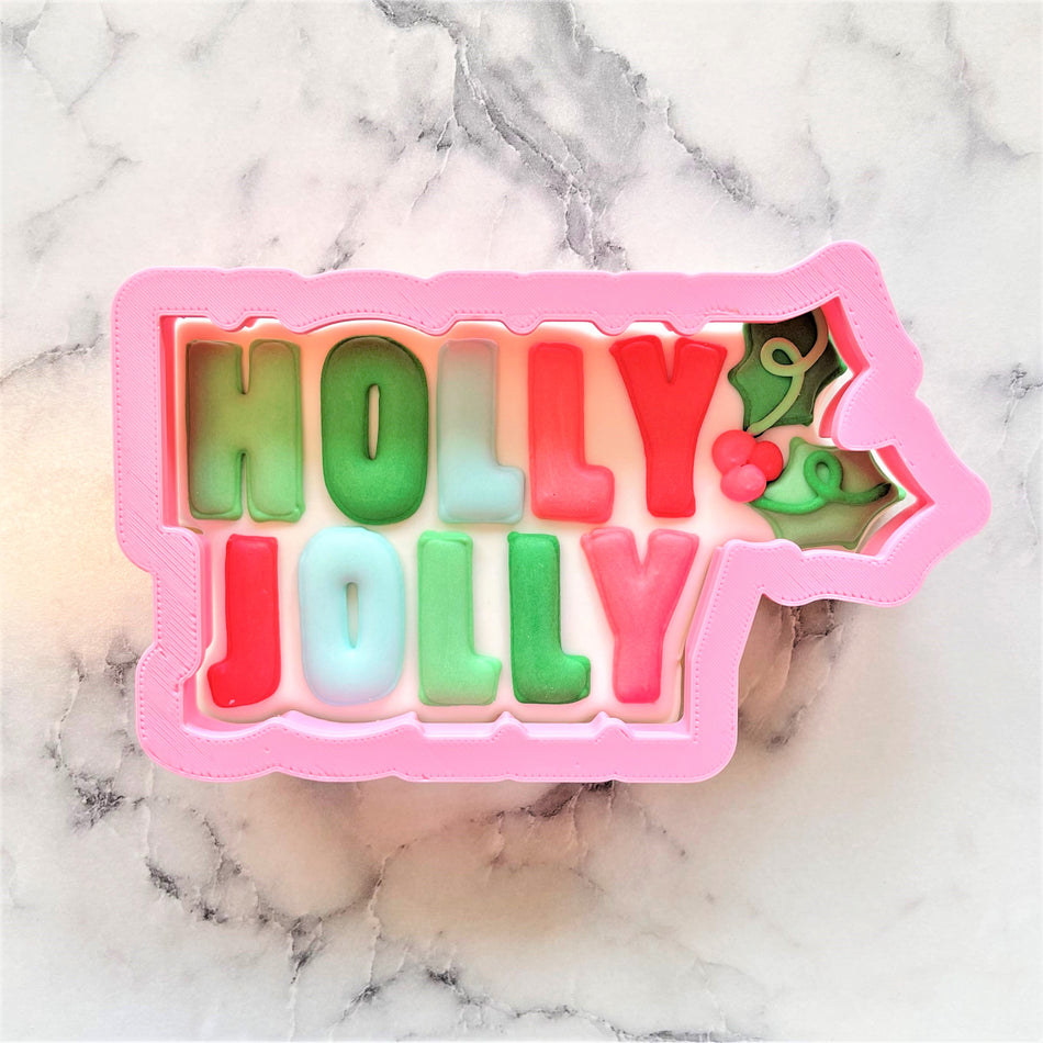 Holly Jolly Plaque Cookie Cutter with Stencil SET