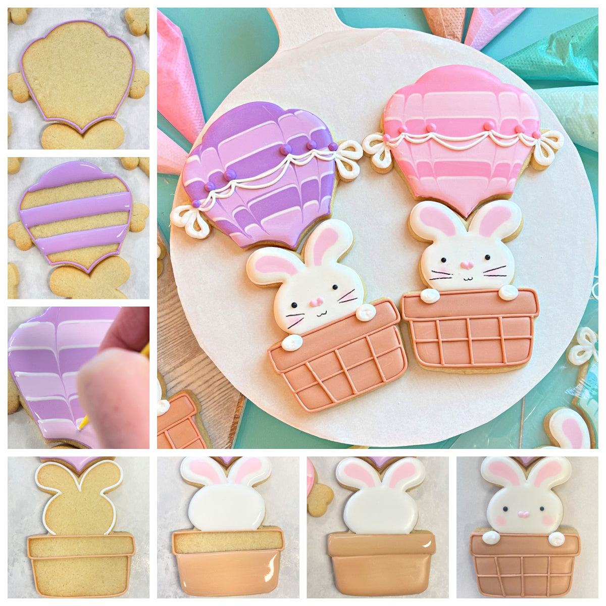 Pastel-colored hot air balloon-shaped bunny cookies with white faces peeking from woven basket bases made with multi cookie cutter