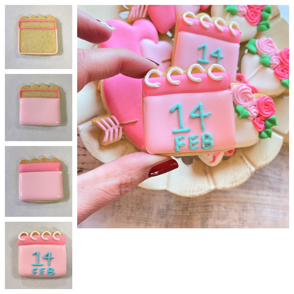 A pink frosted mini calendar cookie with blue icing numbers showing 14 feb made using a mini calendar cookie cutter