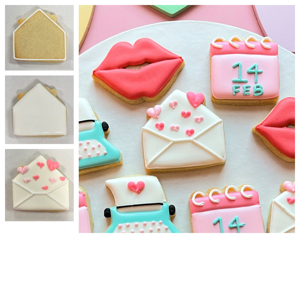 Delicate white sugar cookie shaped like an envelope with pink heart decorations made using mini envelope with hearts cookie cutter
