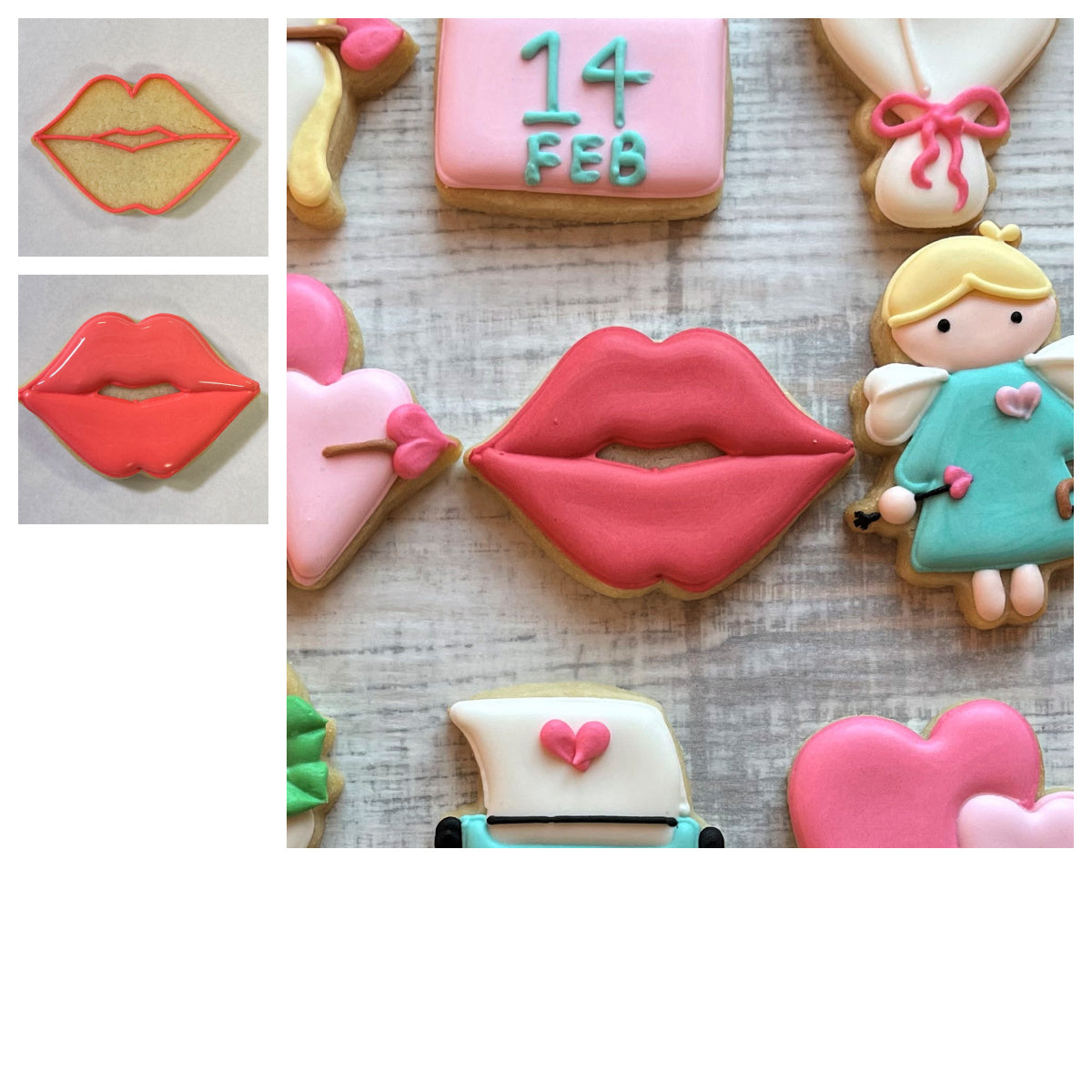 A vibrant pink frosted mini puckered lips cookie shaped with smooth icing and detailed edges