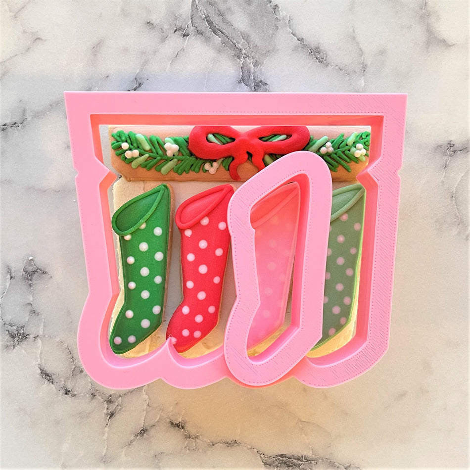 Mantle with Stockings with Mini Stocking Cookie Cutter Set