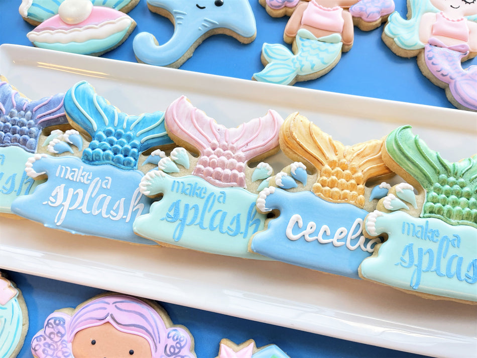 Mermaid Tail Plaque Flour Box Club Cookie Cutter with Make a Splash Stencil Set