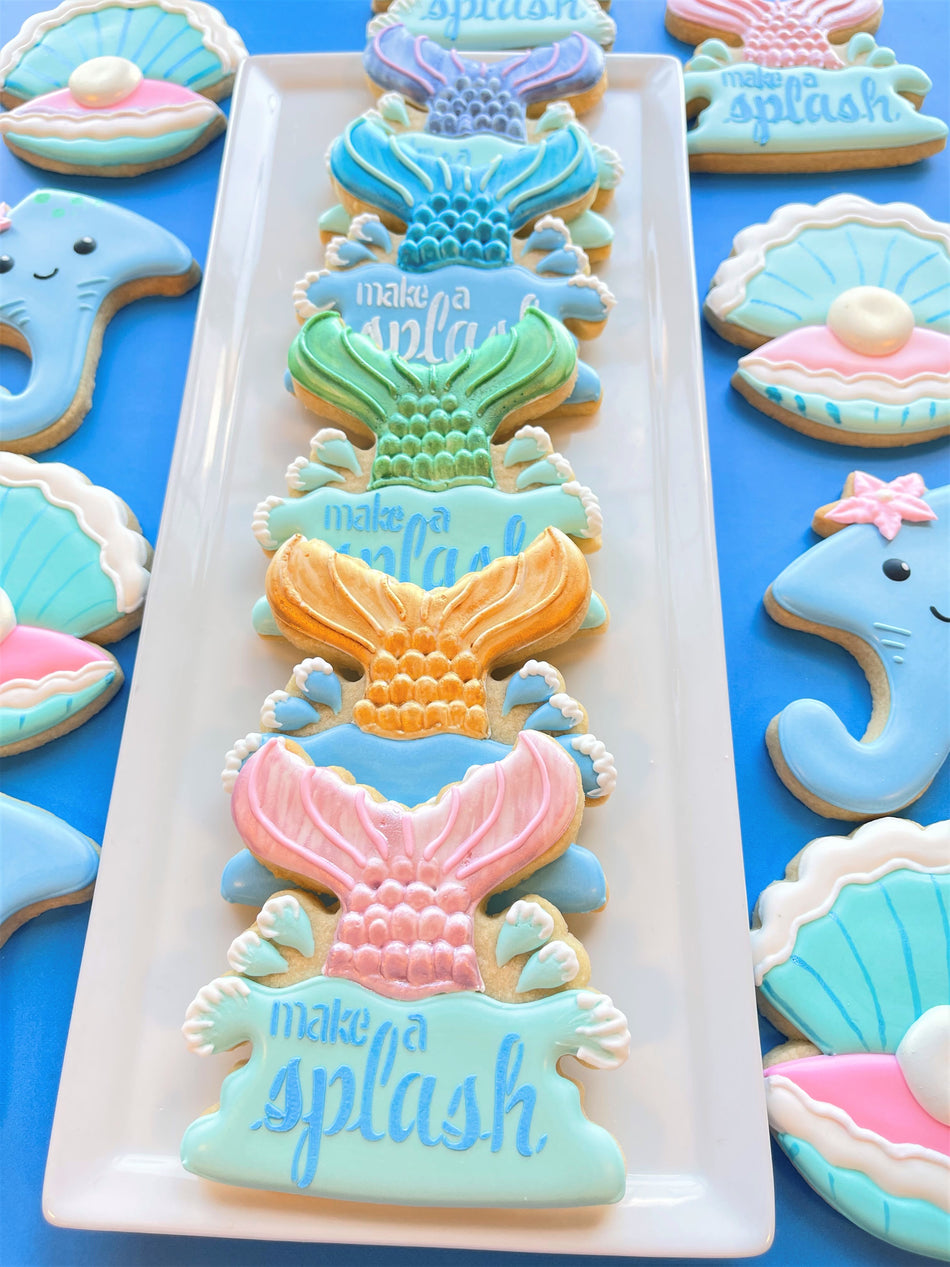 Mermaid Tail Plaque Flour Box Club Cookie Cutter with Make a Splash Stencil Set